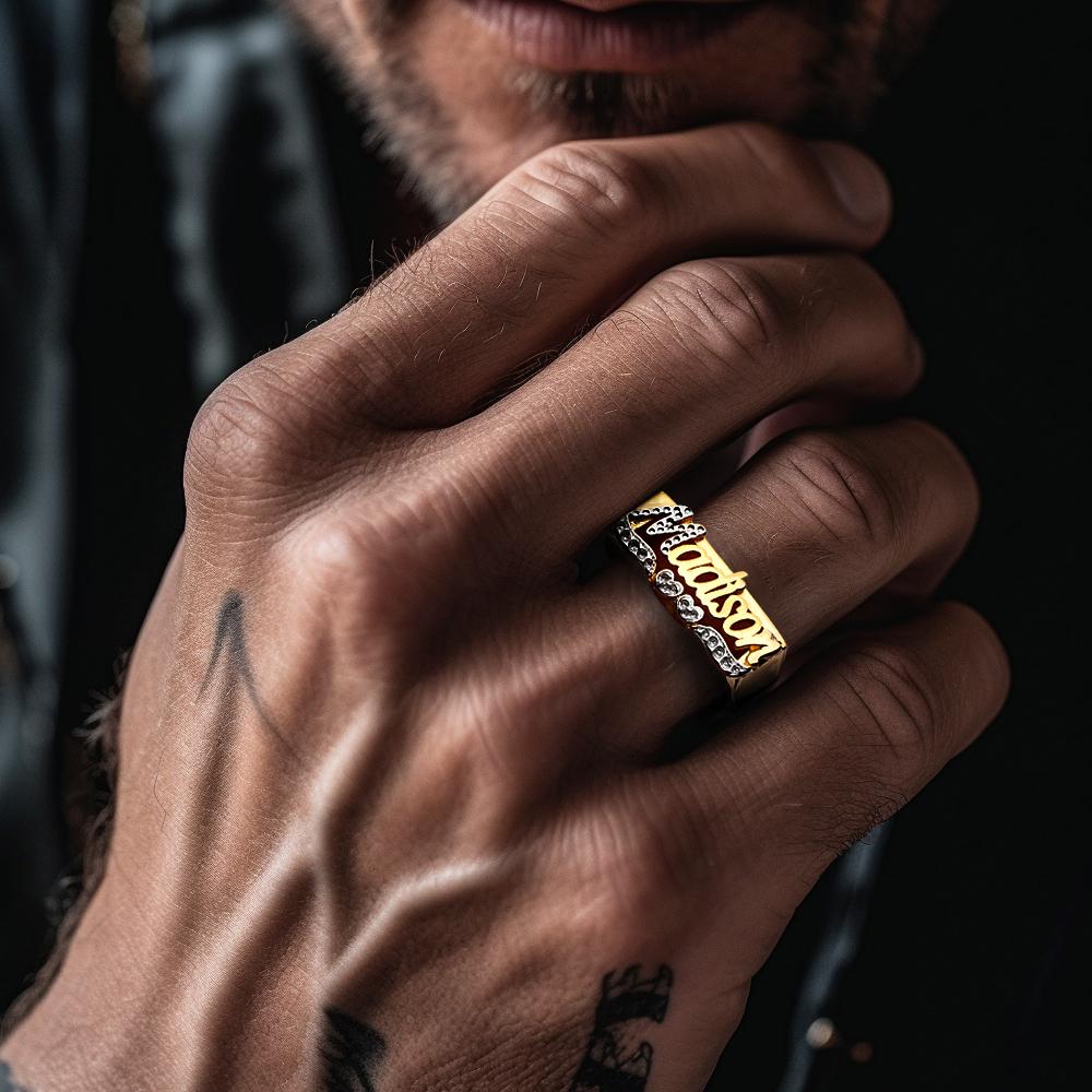 Personalised Hip Hop Name Ring With Double Hearts Initial Ring Jewellery Gift for Men Women