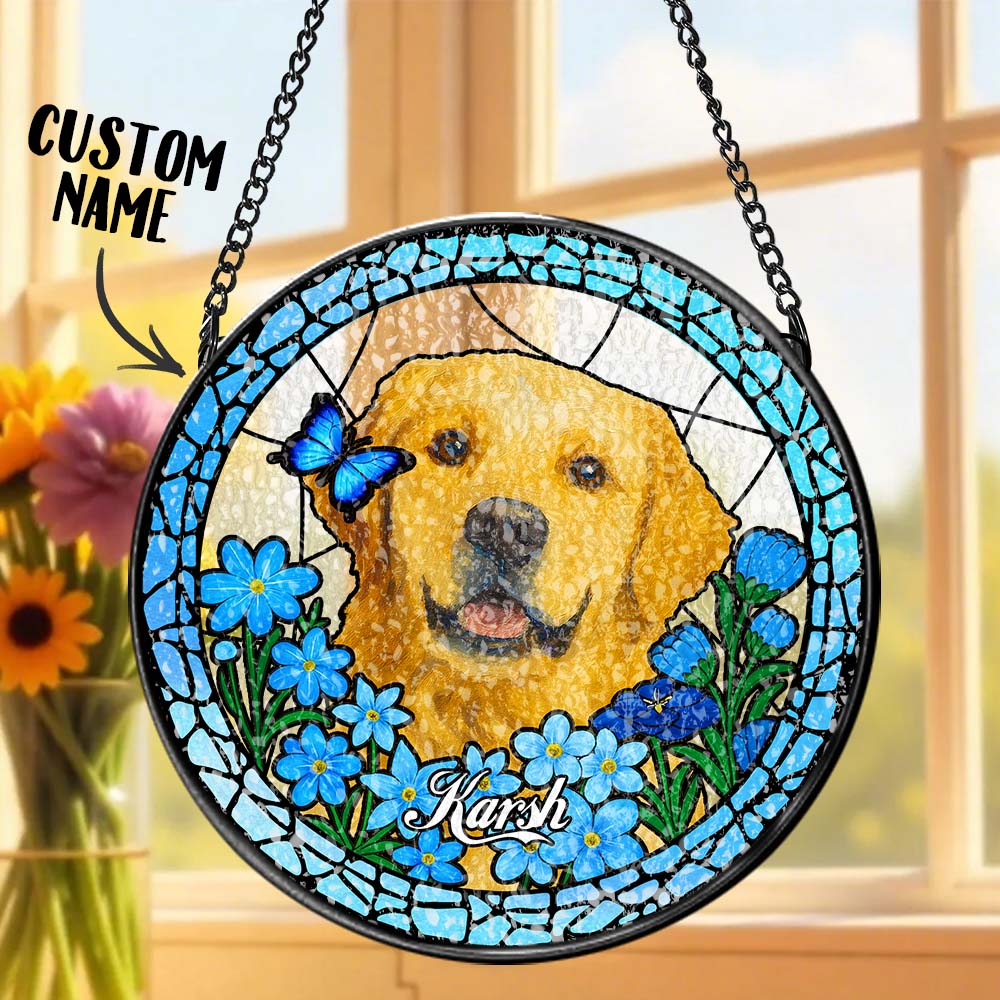 Custom Pet Portrait Stained Glass Suncatcher – Personalized Pet Keepsake Memorial Gift for Dog & Cat Lovers