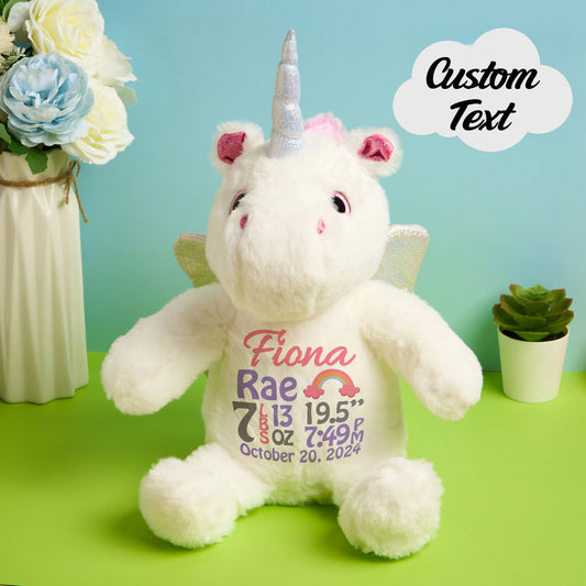 Personalized Unicorn Plush Stuffed Animal Birth Announcement Gift for Baby Shower