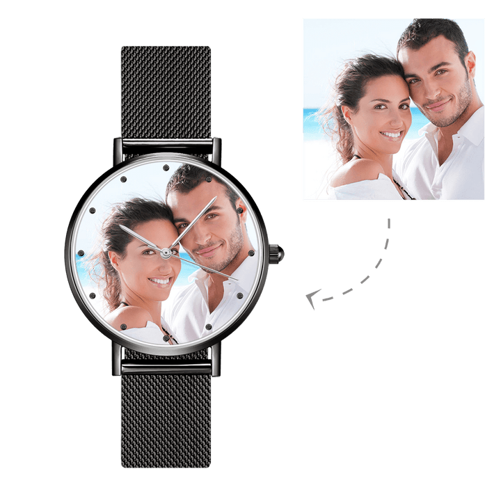 Engraved Women's Black Alloy Bracelet Photo Watch 36mm Christmas Gifts