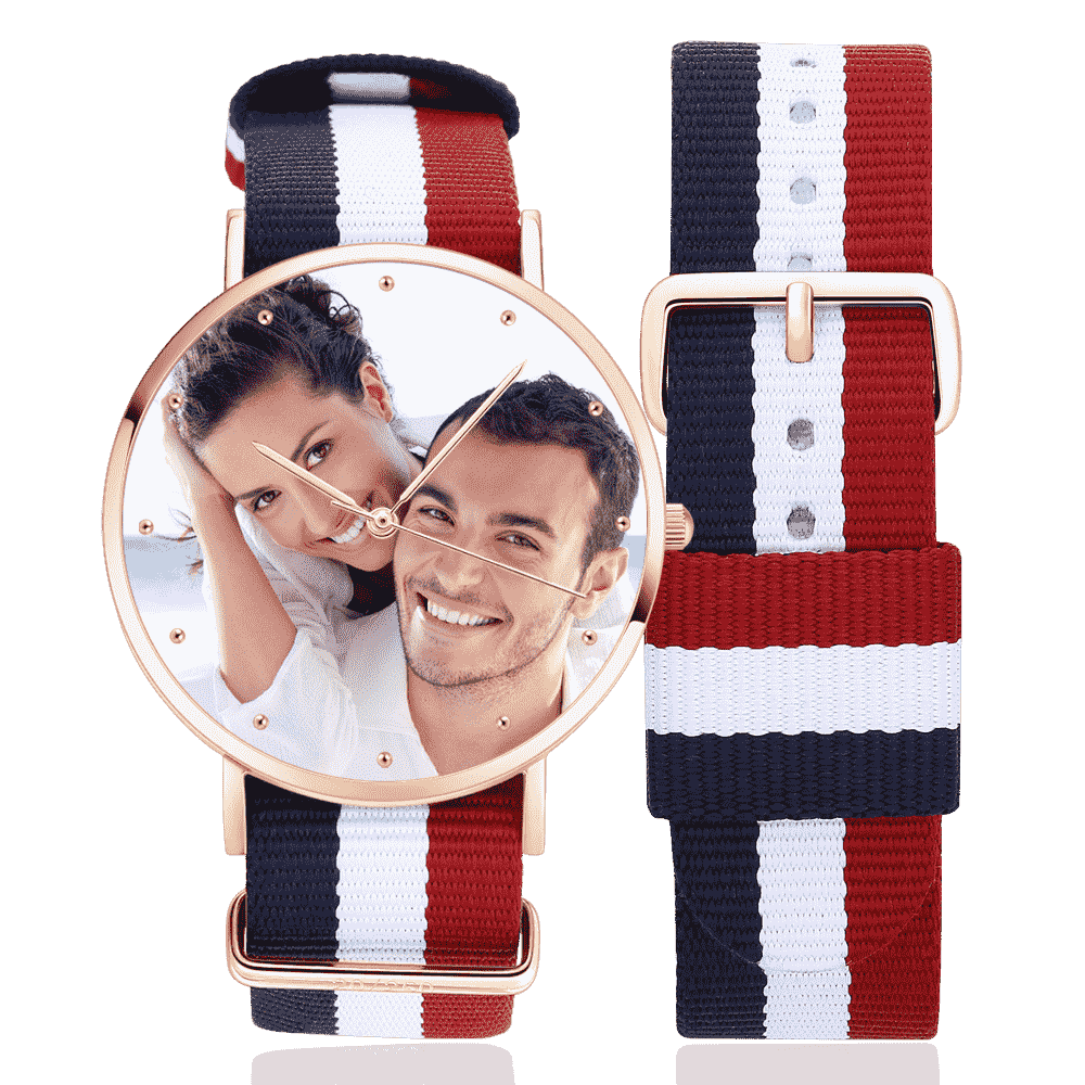 Unisex Engraved Rose Goldtone Photo Watch Color Nylon Strap 40mm