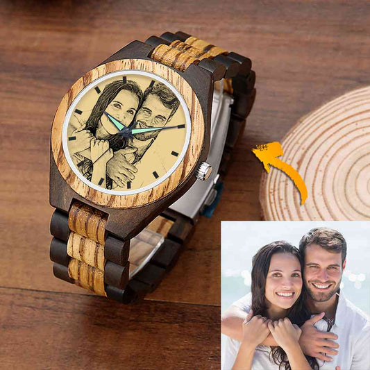 Custom Photo Engraved Wooden Men's Watch Wooden Strap 45mm