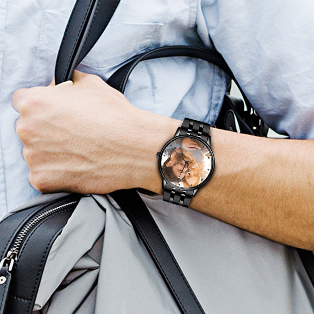 Engraved Men's Black Alloy Bracelet Photo Watch QR Code Watch 38mm Men's Gifts