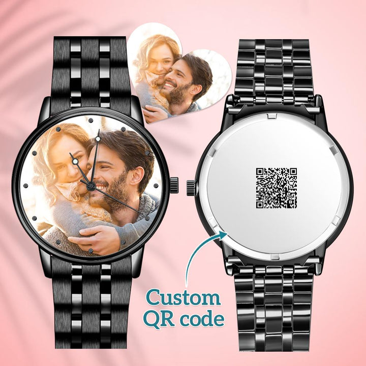 Engraved Men's Black Alloy Bracelet Photo Watch QR Code Watch 38mm Men's Gifts