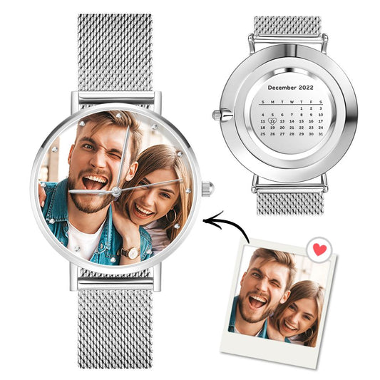 Women's Engraved Calendar Alloy Bracelet Photo Watch 36mm