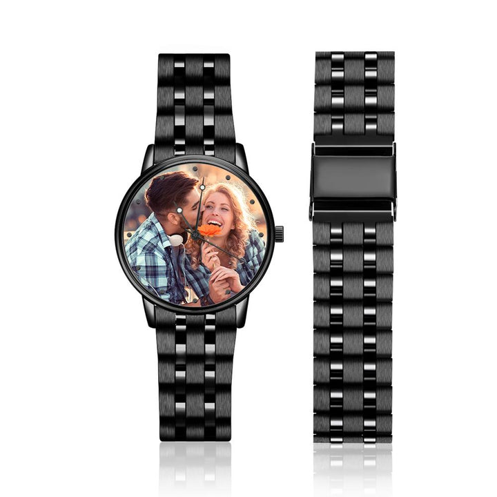 Men's Engraved Photo Watch Calendar Black Alloy Bracelet