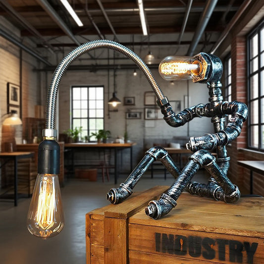 Creative Iron Tube Robot Table Lamp Bulb Metal Night Light Vintage Style Home Decor (Default: China Standard Plug; Adapter Sold Separately)