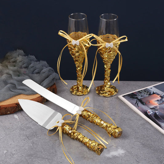 Wedding Wine Glasses Cake Cutting Set Gold Sequin Wine Glasses Champagne Cups