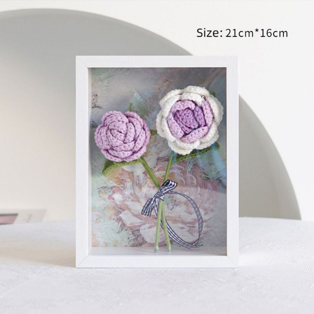 Crochet Bouquets Photo Frame Handmade Knitted Flower Shadowbox Frame Desktop Decoration
