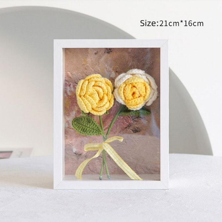 Crochet Bouquets Photo Frame Handmade Knitted Flower Shadowbox Frame Desktop Decoration