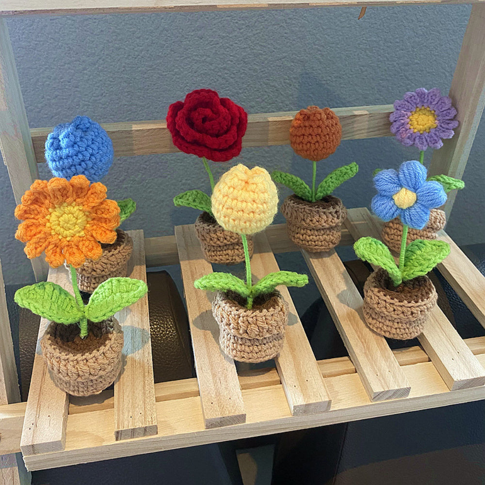 Handmade Crochet Flowers Completed Hand Woven Knitted Potted Plants Gift for Handicraft Lover