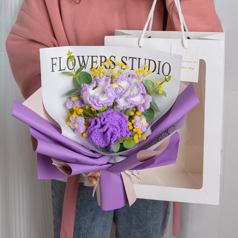 Crochet Flowers Bouquet Handmade Knitted Carnation Bouquet with Light Strip Gift for Her Wedding Gift