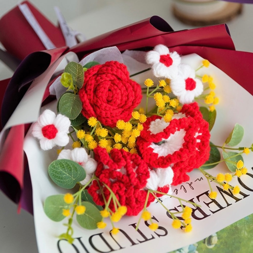 Crochet Flowers Bouquet Handmade Knitted Carnation Bouquet with Light Strip Gift for Her Wedding Gift
