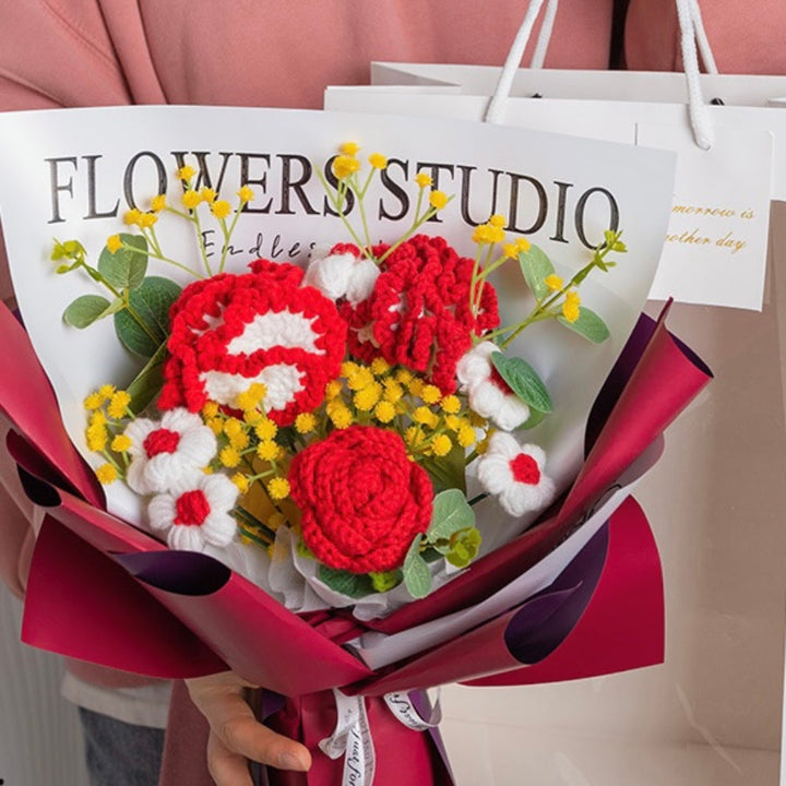 Crochet Flowers Bouquet Handmade Knitted Carnation Bouquet with Light Strip Gift for Her Wedding Gift