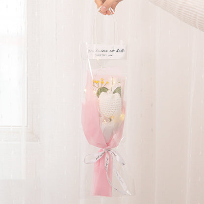 Crochet Flowers Bouquet Handmade Knitted Tulip Carnation Bouquet with Light Strip Gift for Her Wedding Gift