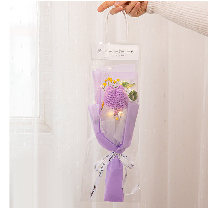 Crochet Flowers Bouquet Handmade Knitted Tulip Carnation Bouquet with Light Strip Gift for Her Wedding Gift