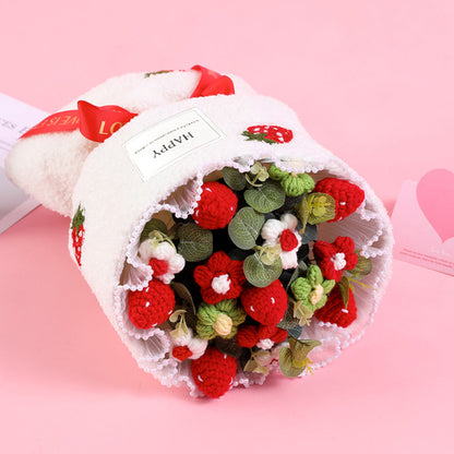 Crochet Flowers Bouquet Handmade Knitted Strawberry Bouquet with Light Strip Gift for Lovers Wedding Gift