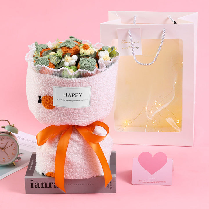 Crochet Flowers Bouquet Handmade Knitted Strawberry Bouquet with Light Strip Gift for Lovers Wedding Gift