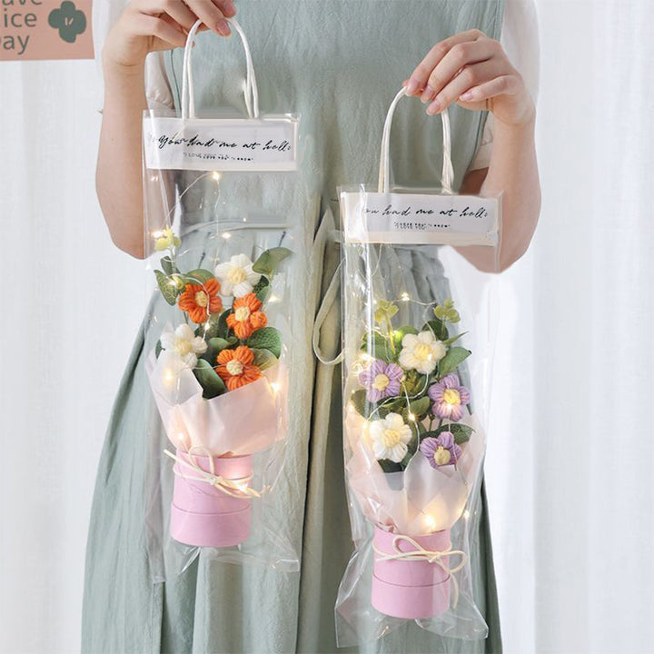 Crochet Flowers Bouquet Handmade Knitted Bouquet with Light Strip Birthday Gift for Lovers Wedding Gift