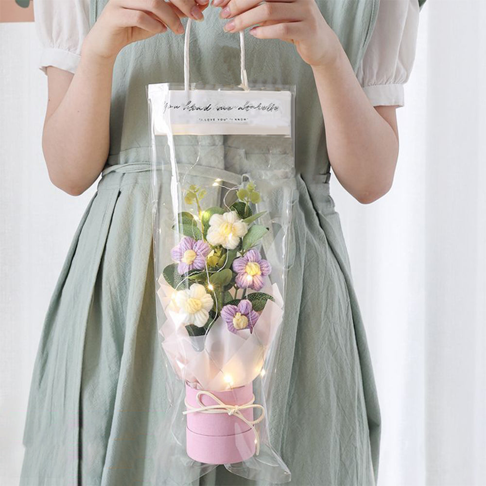 Crochet Flowers Bouquet Handmade Knitted Bouquet with Light Strip Birthday Gift for Lovers Wedding Gift