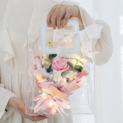 Crochet Flowers Bouquet Handmade Knitted Bouquet with Light Strip Gift for Teacher Mother Lover Wedding Gift