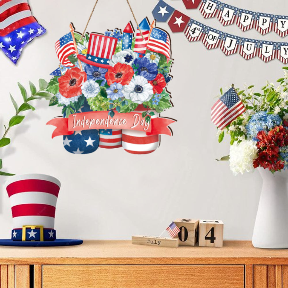 4th of July Flowers Welcome Door Sign Independence Day Decorations Front Door Hanger