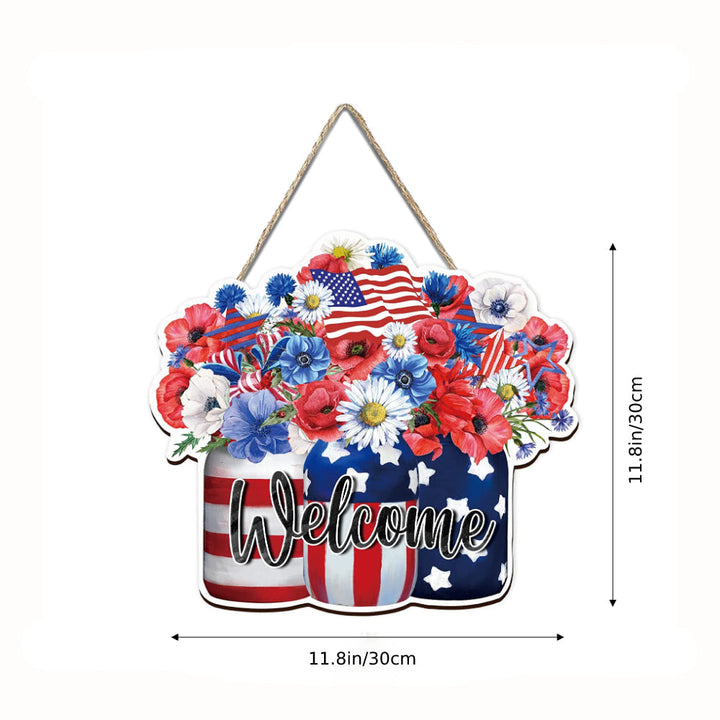 4th of July Flowers Welcome Door Sign Independence Day Decorations Front Door Hanger