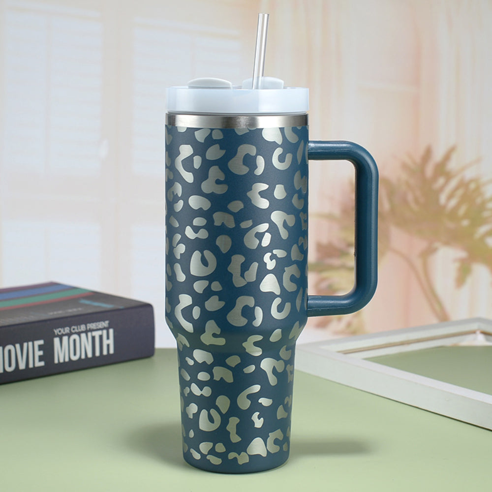 40oz Insulated Mug with Handle and Straw Colorful Leopard Pattern Stainless Steel Travel Cup Gift for Family Friends Couples