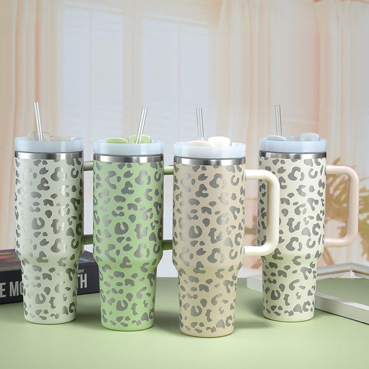 40oz Insulated Mug with Handle and Straw Colorful Leopard Pattern Stainless Steel Travel Cup Gift for Family Friends Couples