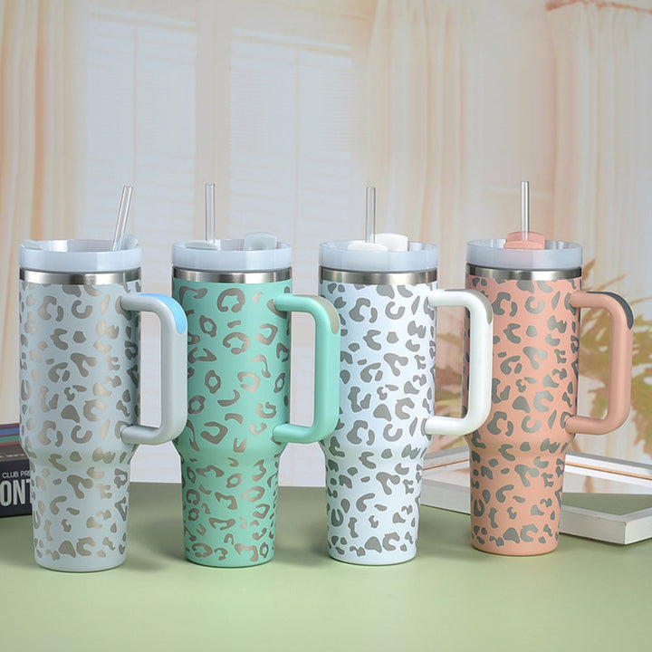 40oz Insulated Mug with Handle and Straw Colorful Leopard Pattern Stainless Steel Travel Cup Gift for Family Friends Couples