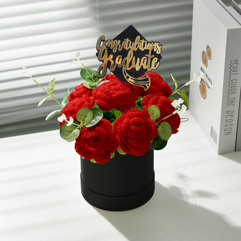Crochet Flowers Bouquet Handmade Knitted Roses Hug Bucket Birthday Graduation Gift Box