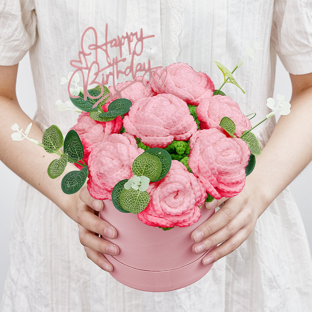 Crochet Flowers Bouquet Handmade Knitted Roses Hug Bucket Birthday Graduation Gift Box