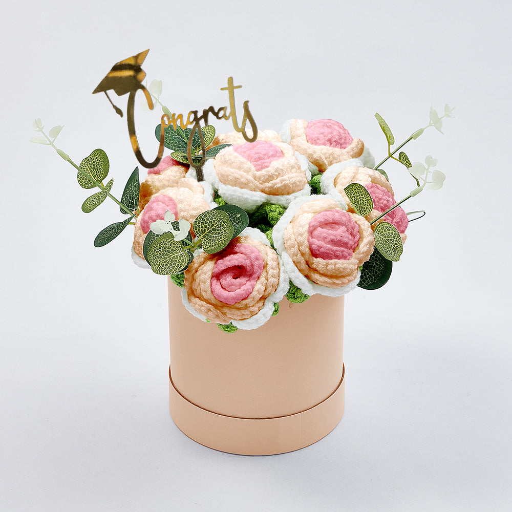 Crochet Flowers Bouquet Handmade Knitted Roses Hug Bucket Birthday Graduation Gift Box