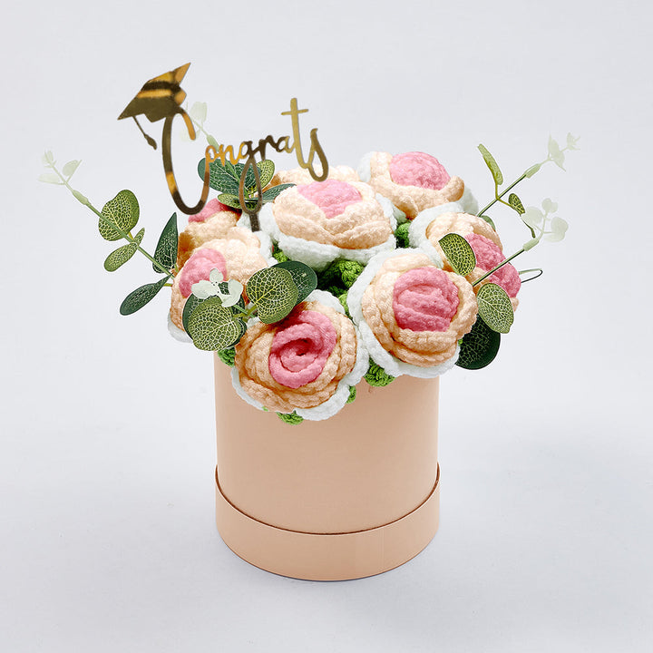 Crochet Flowers Bouquet Handmade Knitted Roses Hug Bucket Birthday Graduation Gift Box