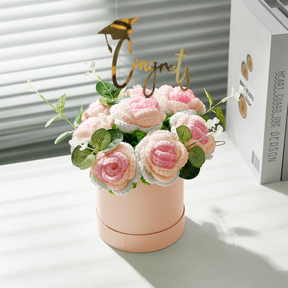 Crochet Flowers Bouquet Handmade Knitted Roses Hug Bucket Birthday Graduation Gift Box