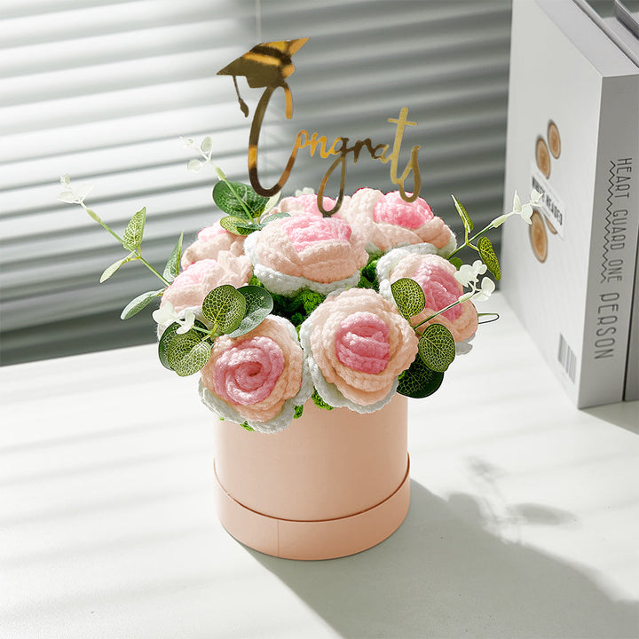 Crochet Flowers Bouquet Handmade Knitted Roses Hug Bucket Birthday Graduation Gift Box