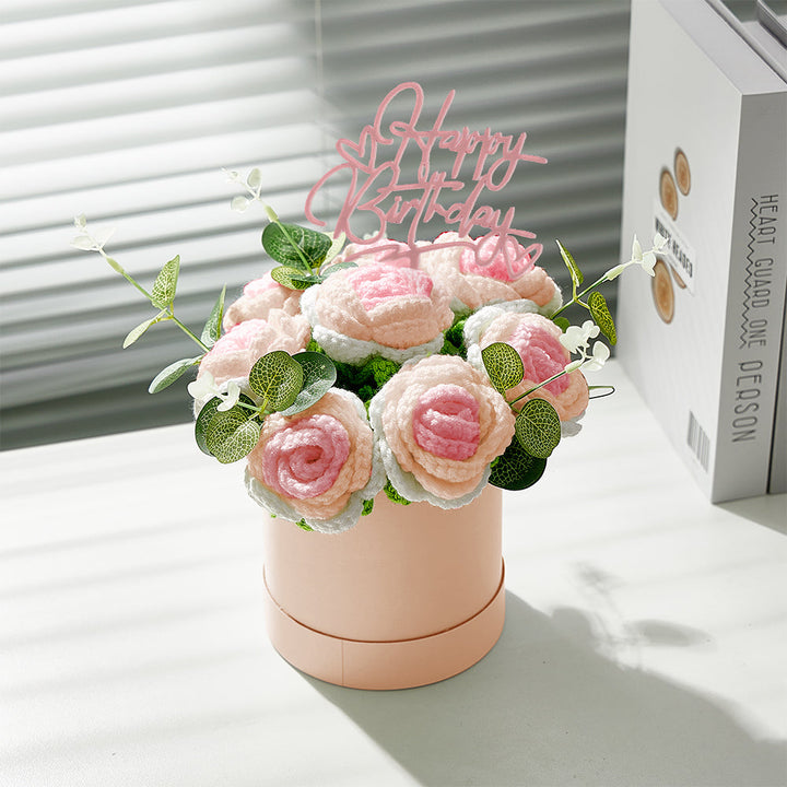 Crochet Flowers Bouquet Handmade Knitted Roses Hug Bucket Birthday Graduation Gift Box