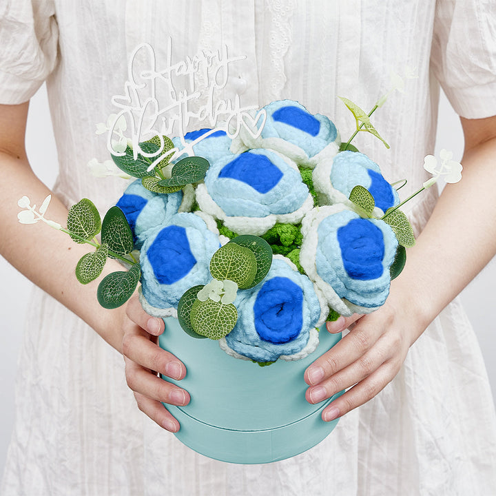 Crochet Flowers Bouquet Handmade Knitted Roses Hug Bucket Birthday Graduation Gift Box