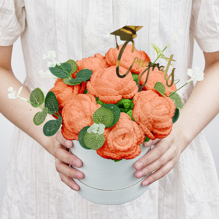 Crochet Flowers Bouquet Handmade Knitted Roses Hug Bucket Birthday Graduation Gift Box