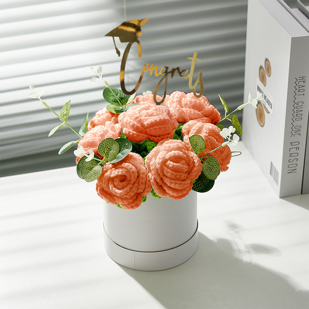 Crochet Flowers Bouquet Handmade Knitted Roses Hug Bucket Birthday Graduation Gift Box