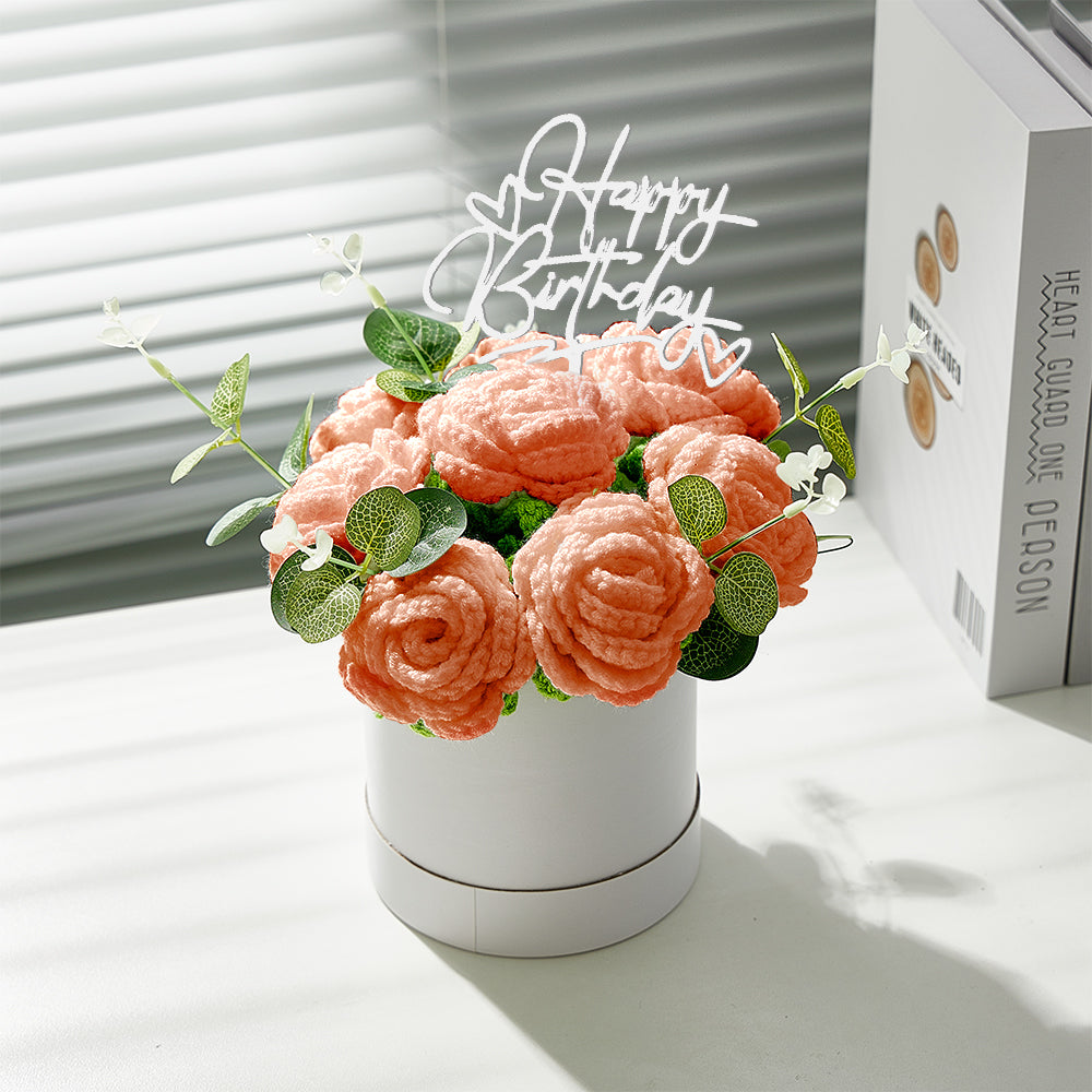 Crochet Flowers Bouquet Handmade Knitted Roses Hug Bucket Birthday Graduation Gift Box