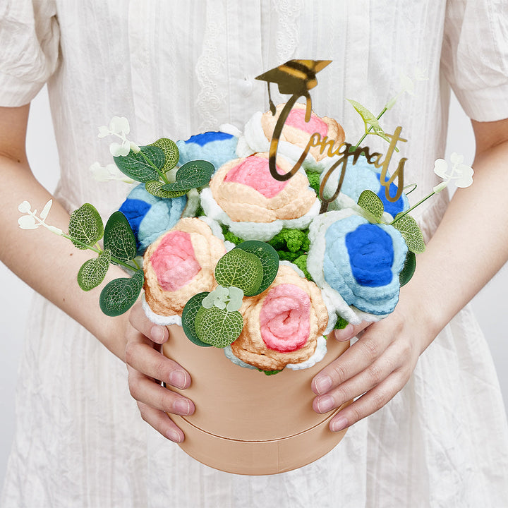 Crochet Flowers Bouquet Handmade Knitted Roses Hug Bucket Birthday Graduation Gift Box