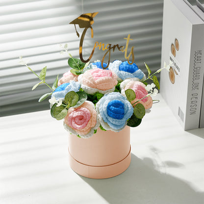 Crochet Flowers Bouquet Handmade Knitted Roses Hug Bucket Birthday Graduation Gift Box