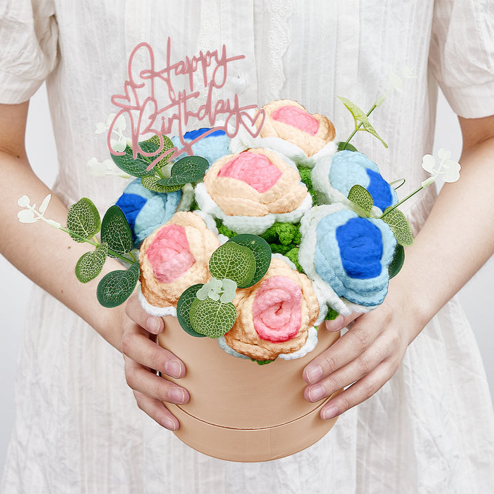Crochet Flowers Bouquet Handmade Knitted Roses Hug Bucket Birthday Graduation Gift Box