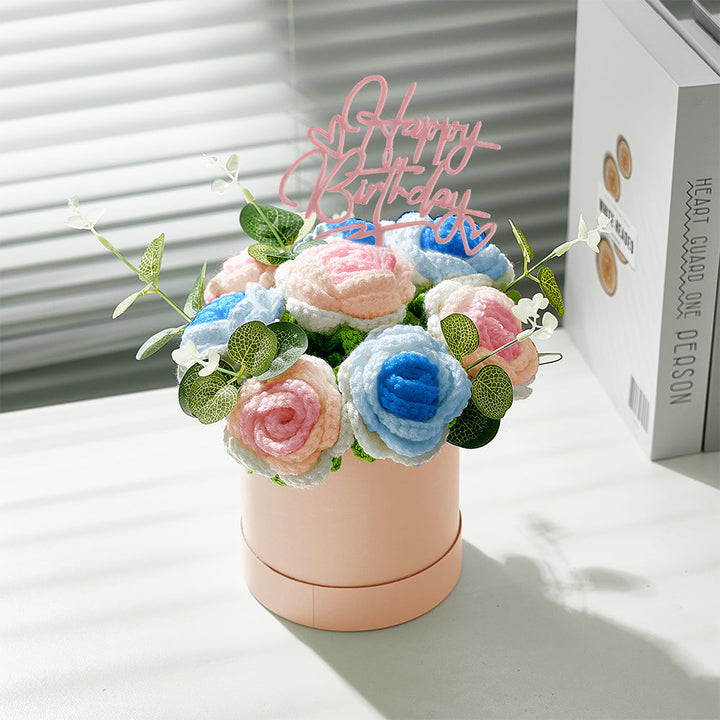 Crochet Flowers Bouquet Handmade Knitted Roses Hug Bucket Birthday Graduation Gift Box