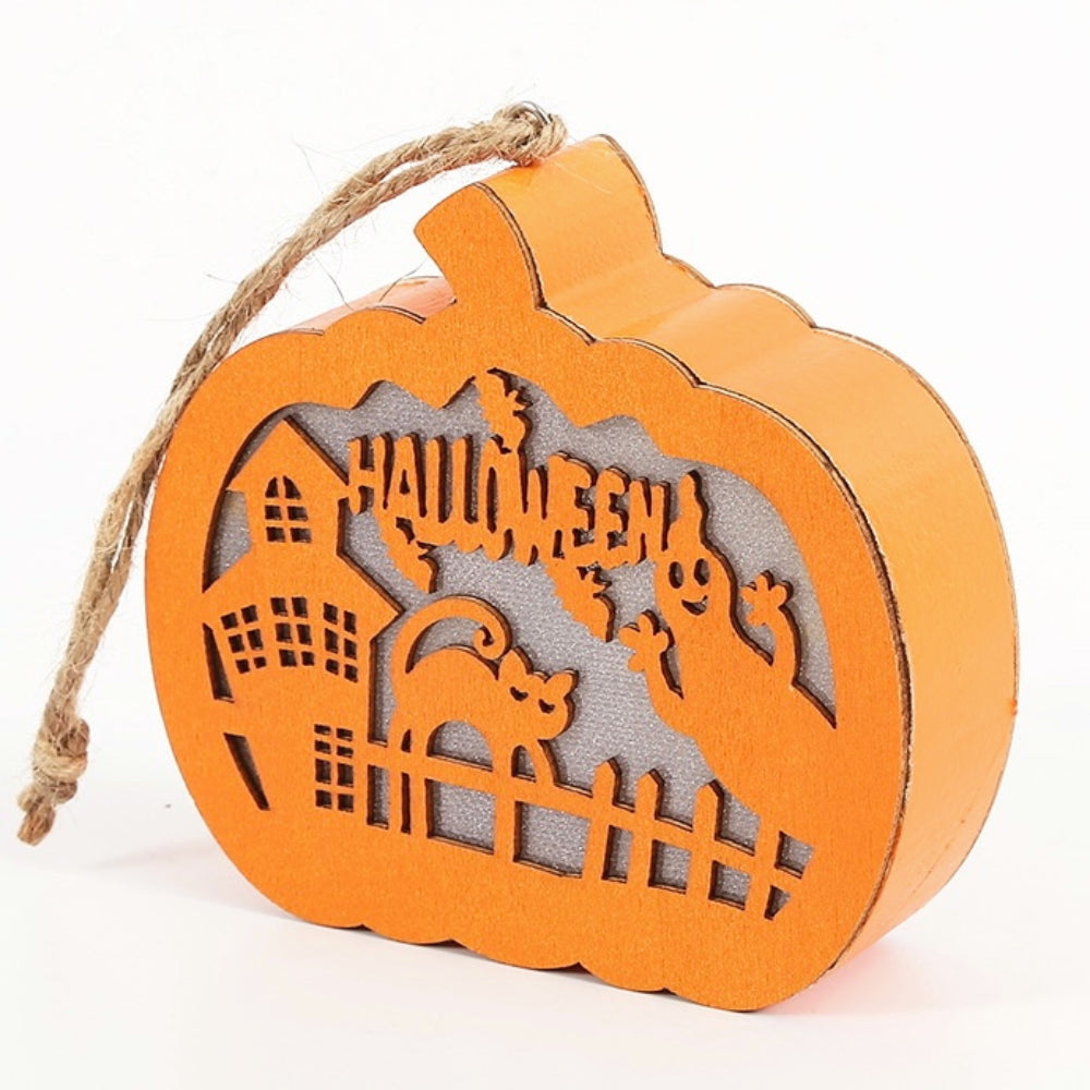 Halloween Haunted House Scene Wooden Pumpkin Light – Spooky Home Decor & Party Supplies