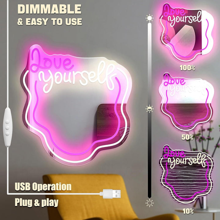 Love Yourself Mirror Light for Wall Wavy Neon Mirror LED Dimmable Light Gift for Her