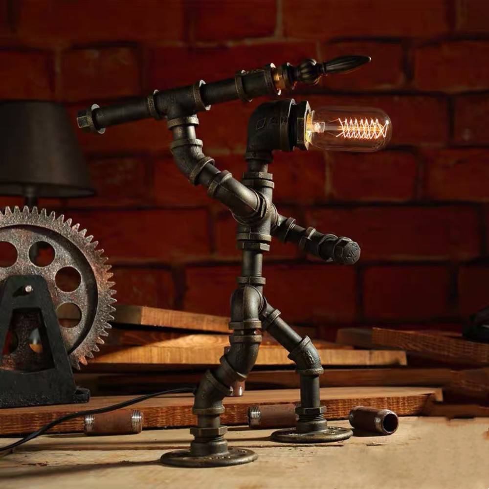 Iron Tube Robot Creative Table Lamp Water Pipe Light Retro Table Lamp for Bedroom