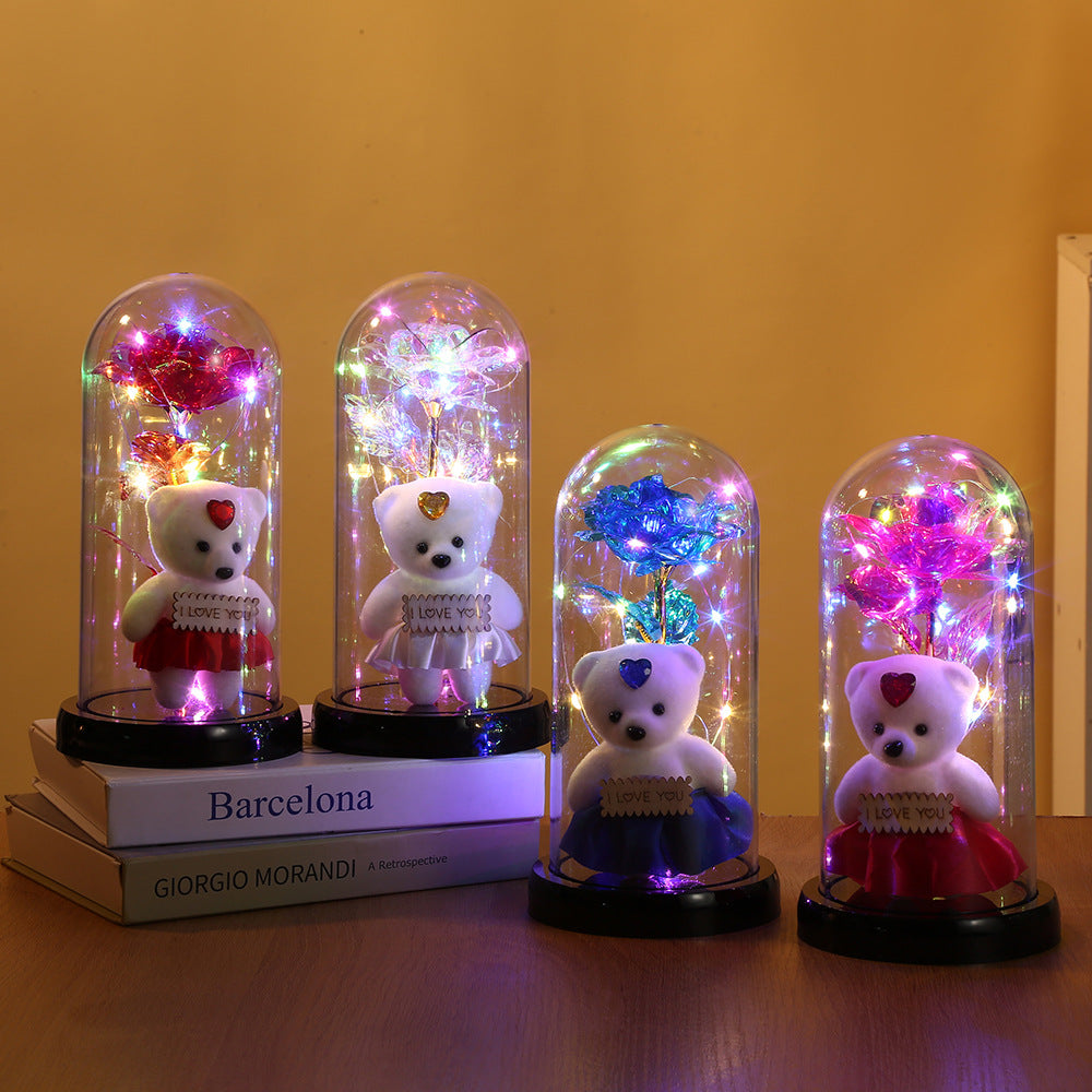 Romantic Simulation Eternal Rose Flower Bear Glass Cover LED Night Light