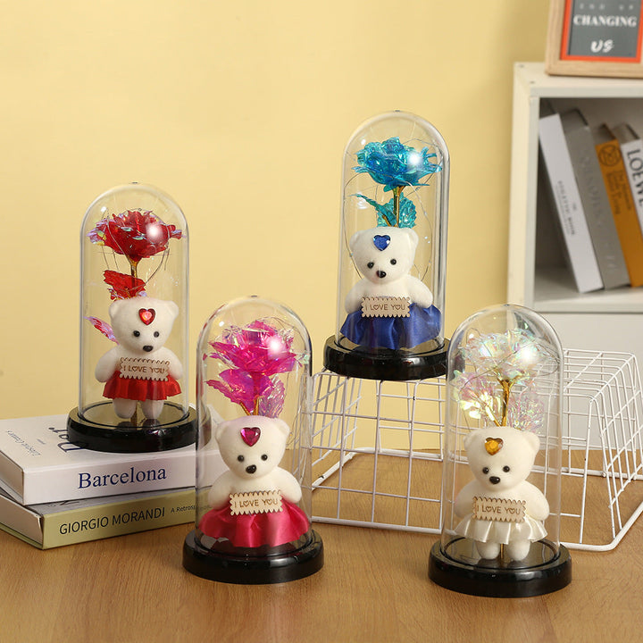 Romantic Simulation Eternal Rose Flower Bear Glass Cover LED Night Light